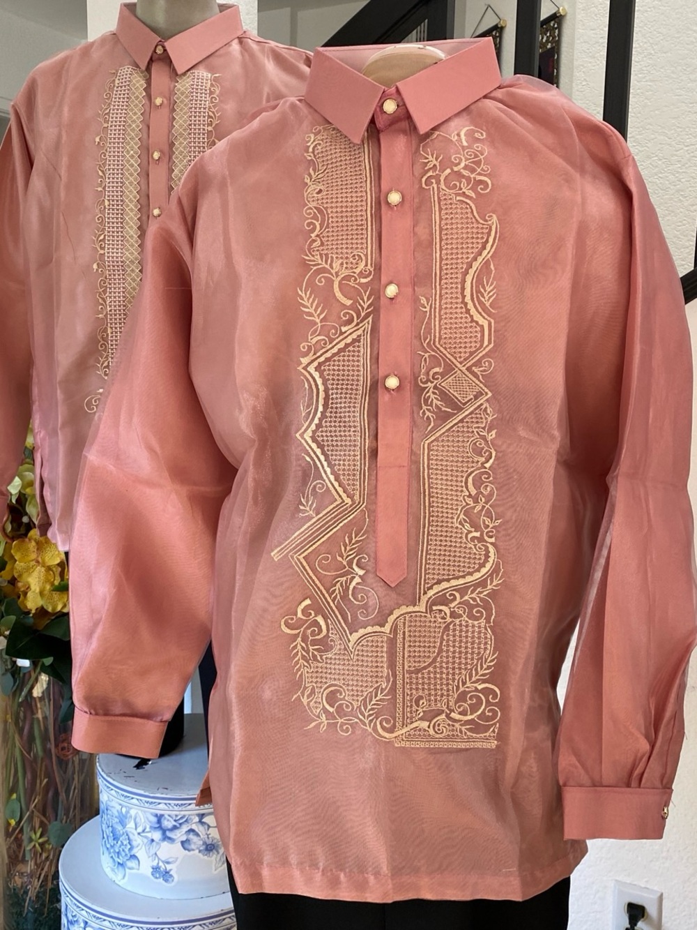 Classic Men's Embroidered Dress Shirt in Dusty Pink